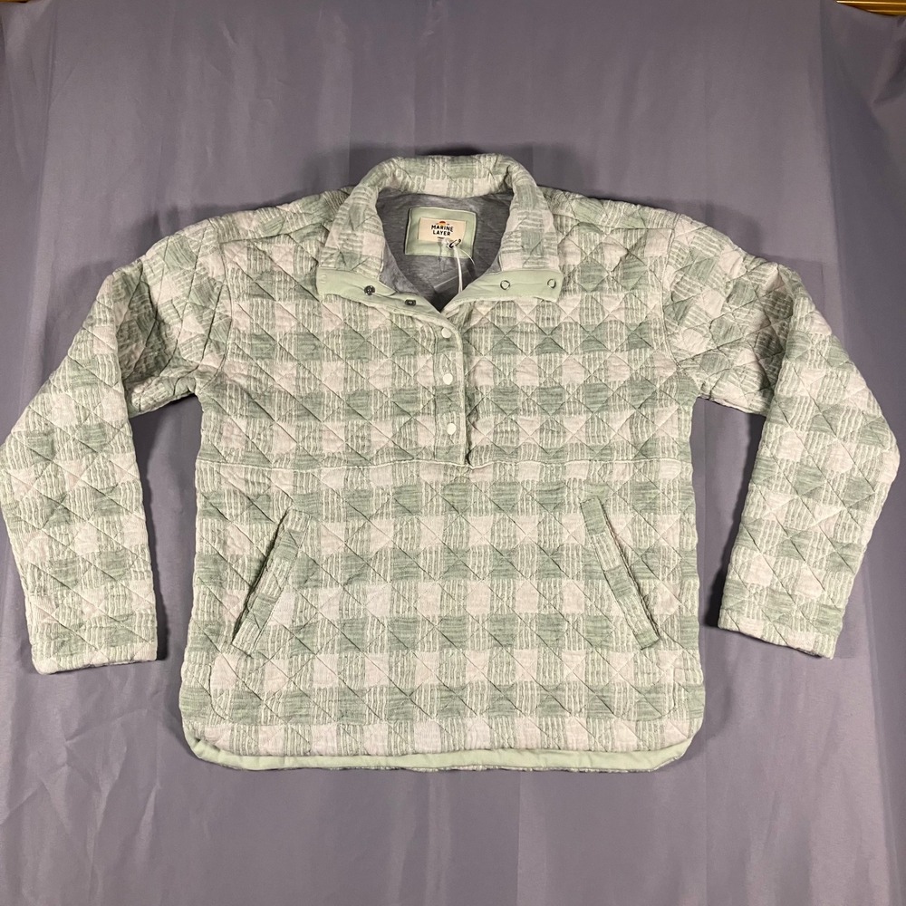 Marine Layer Iris‎ Quilted Womens Small Pullover Mini Sweatshirt Green White